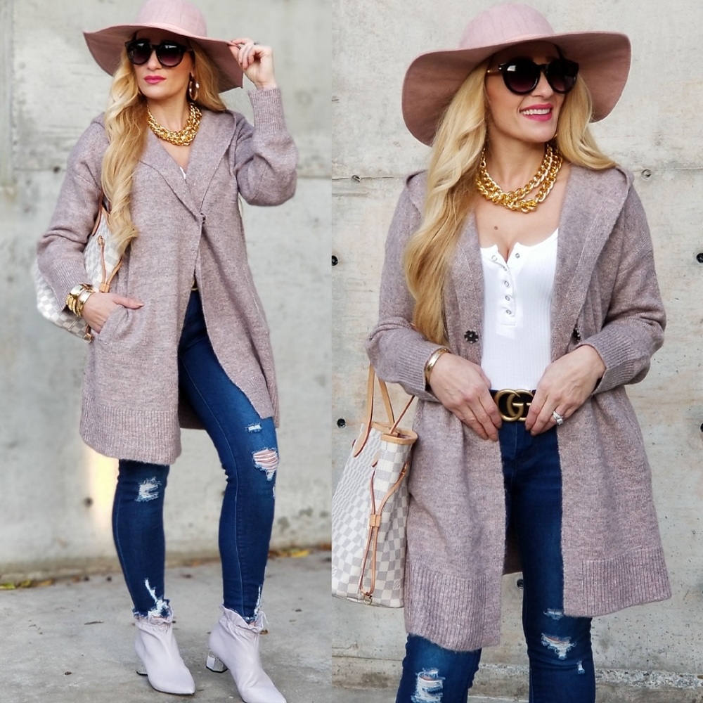 Mauve Open Front Knitted Cardigan w hoodie - Picture 3 of 8
